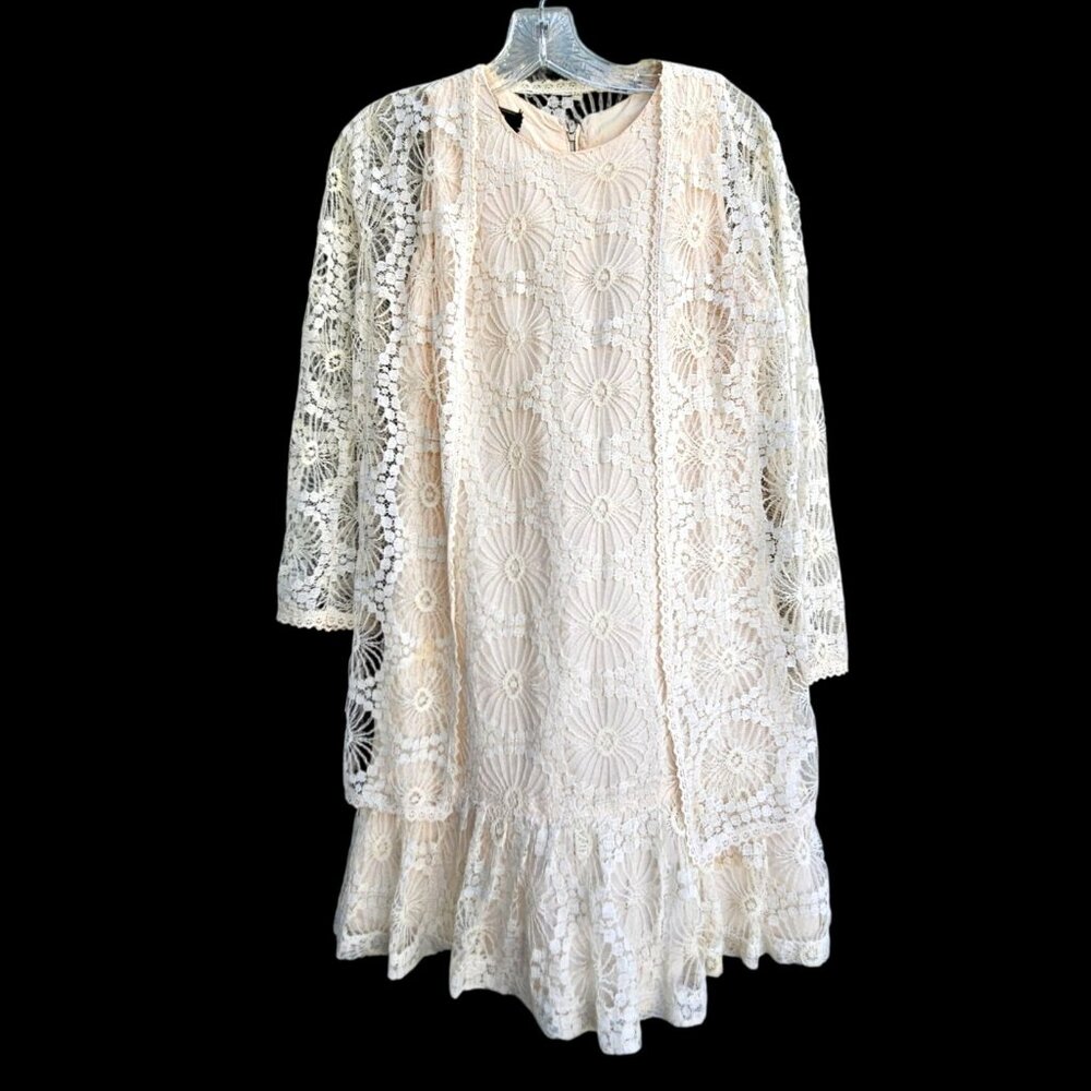 Vintage 1960s Saba California Lace Dress Set Size S Wedding Neutral A-line - Picture 14 of 16